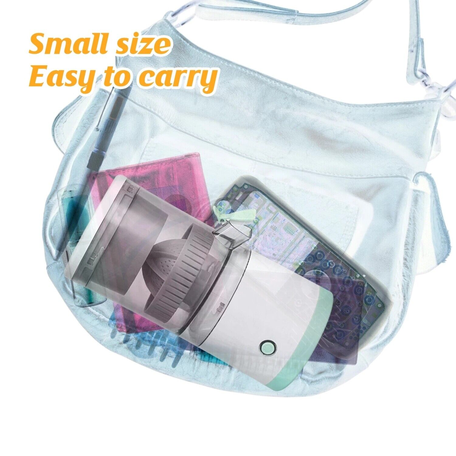 Ein Entsafter in einer Handtasche mit einem Telefon, einer Geldbörse und anderen Gegenständen. Es ist klein und leicht zu tragen.