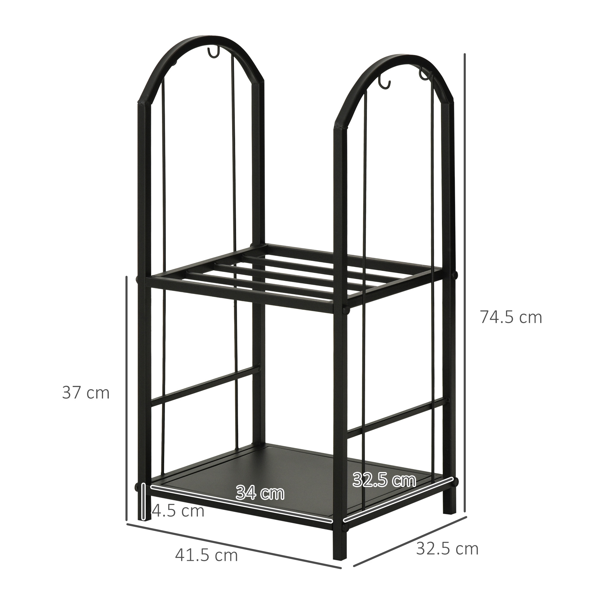 Metall-Holzhalter mit Abmessungen. Der Halter ist schwarz und hat gewölbte Seiten.