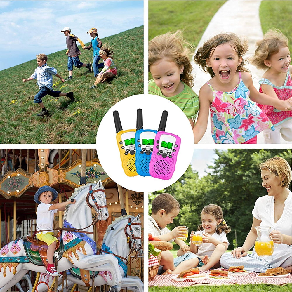 Vier Bilder, die Kinder beim Spielen mit Walkie-Talkies zeigen: Rennen, Lachen, auf einem Karussell und ein Picknick.