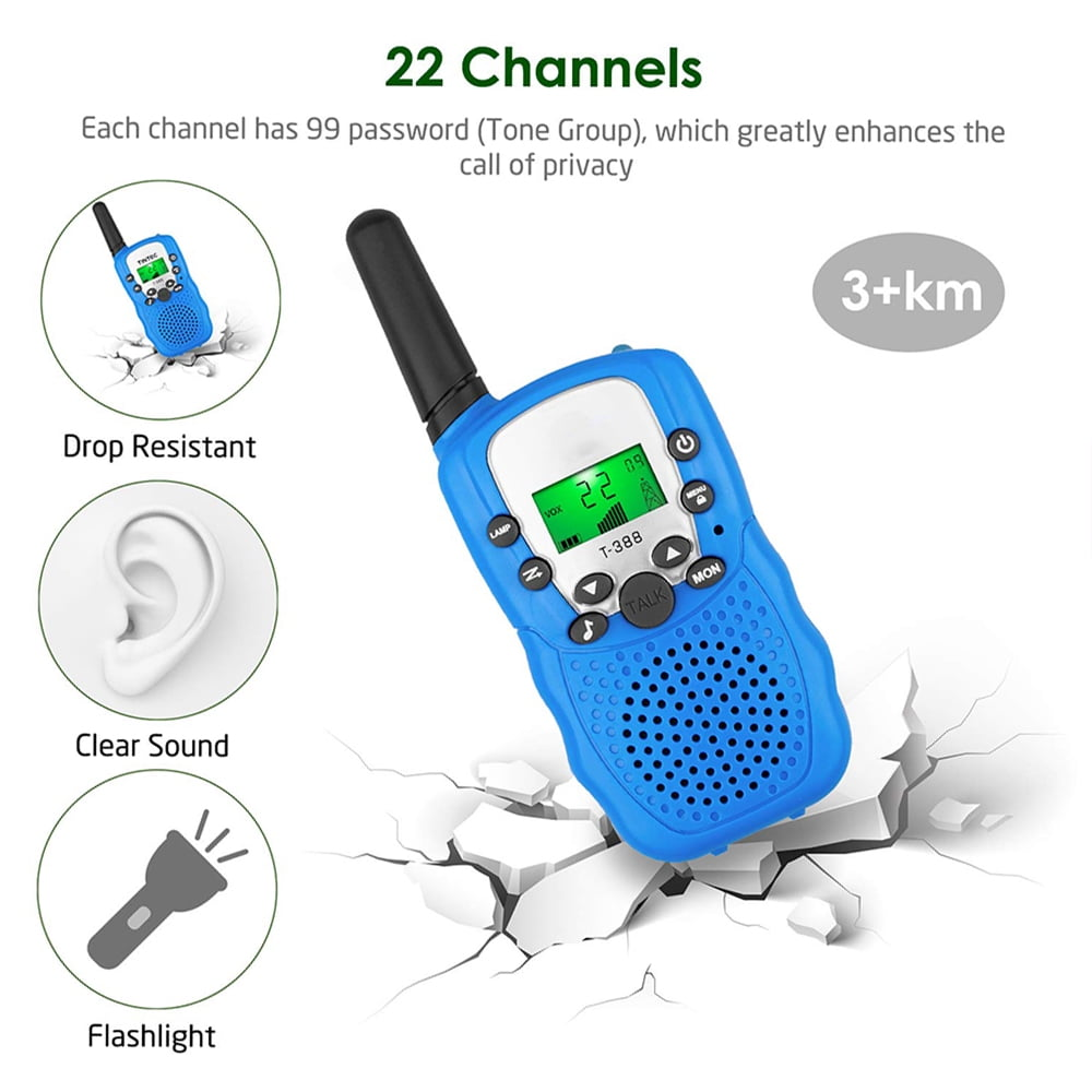 Blaues Walkie-Talkie auf zerbrochener Oberfläche. Merkmale: sturzfest, klarer Klang, Taschenlampe und 22 Kanäle.