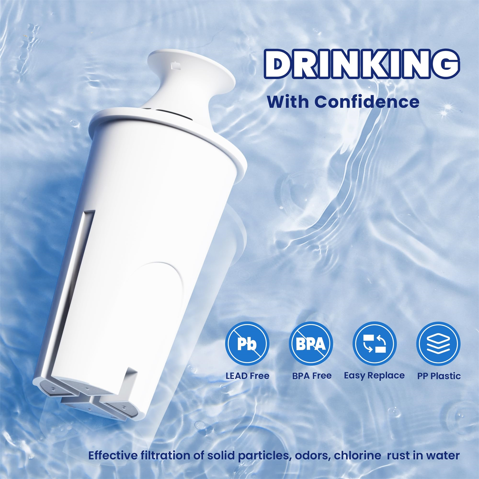Ein weißer Wasserfilter mit Text: Trinken mit Vertrauen, mit Symbolen für BPA, Blei und einfachen Austausch.