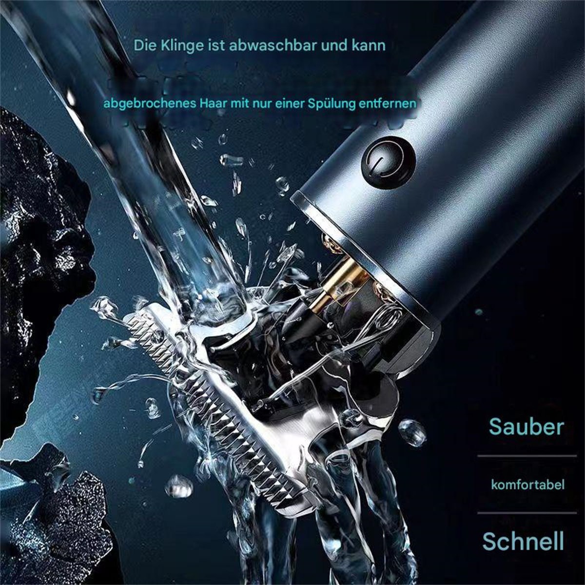 Ein Haarschneider mit Wasserspritzern und Text über die Reinigung und das Entfernen von Haaren.
