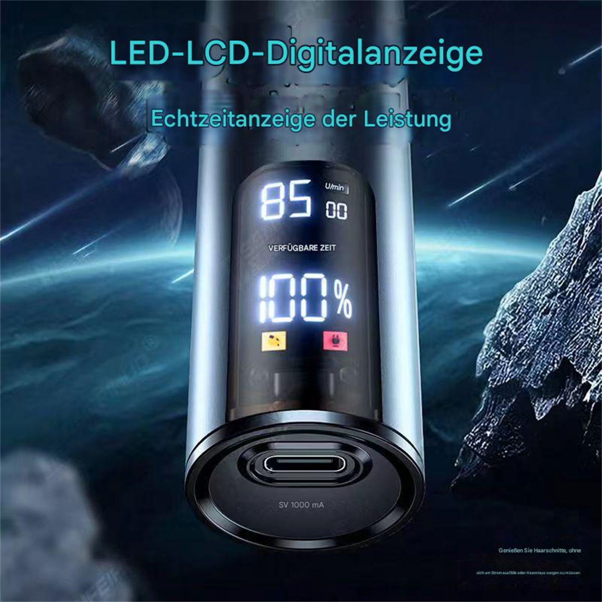 Nahaufnahme eines Digitaldisplays, das die Geschwindigkeit und den Batteriestand eines elektronischen Geräts anzeigt.