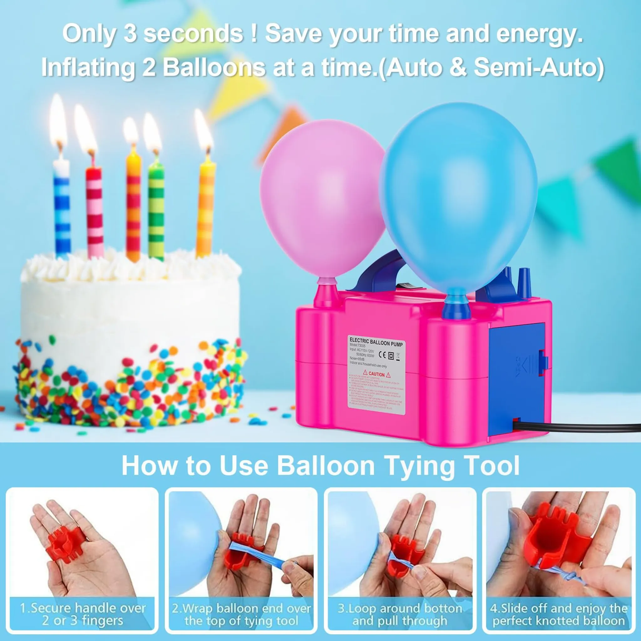 Ein Kuchen mit Kerzen und eine pinke Ballonpumpe. Zwei Ballons werden von der Pumpe aufgeblasen. Anleitung zum Binden von Ballons.