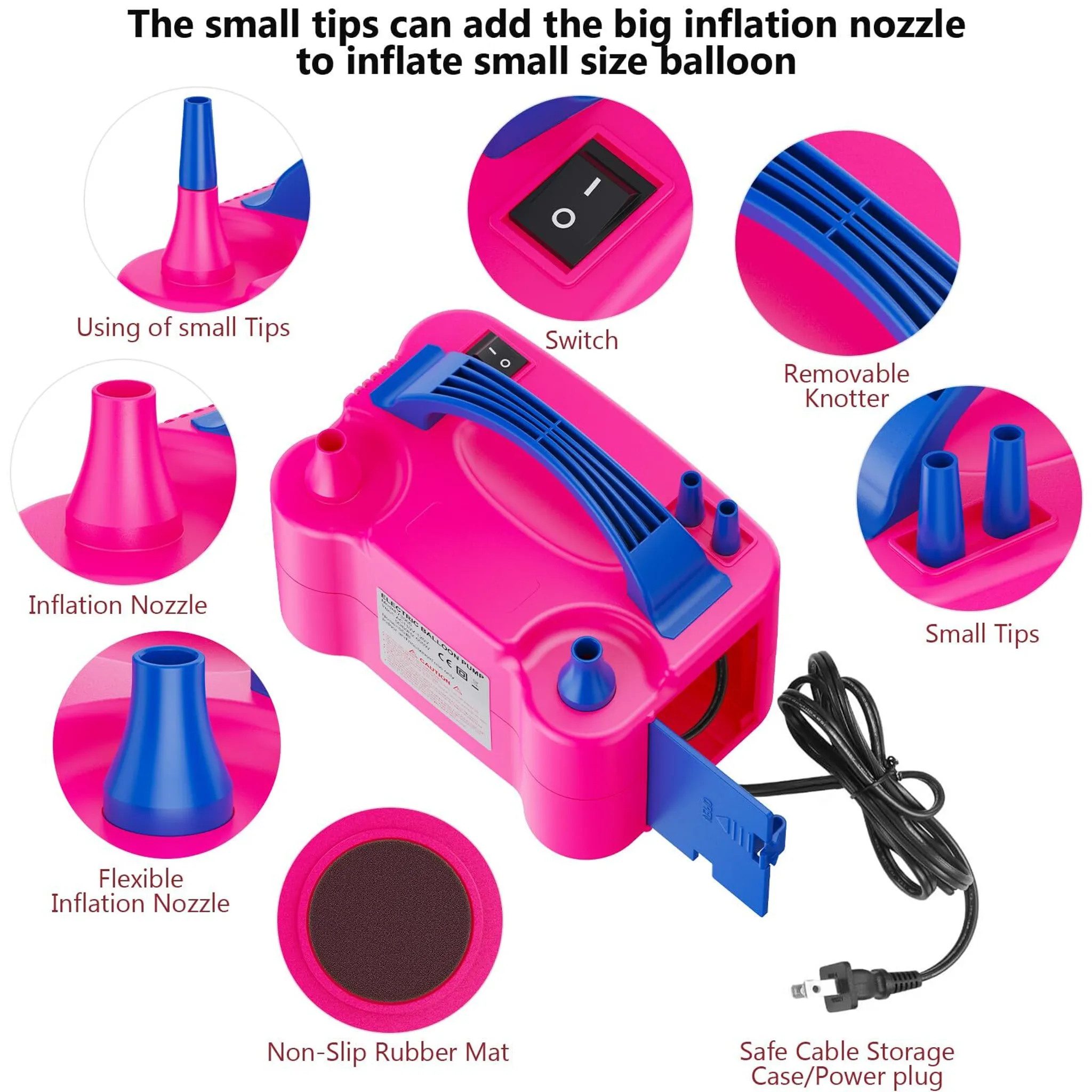Eine pinke Ballonpumpe mit mehreren Düsen und Zubehör. Beschriftete Diagramme zeigen die Verwendung der Funktionen.