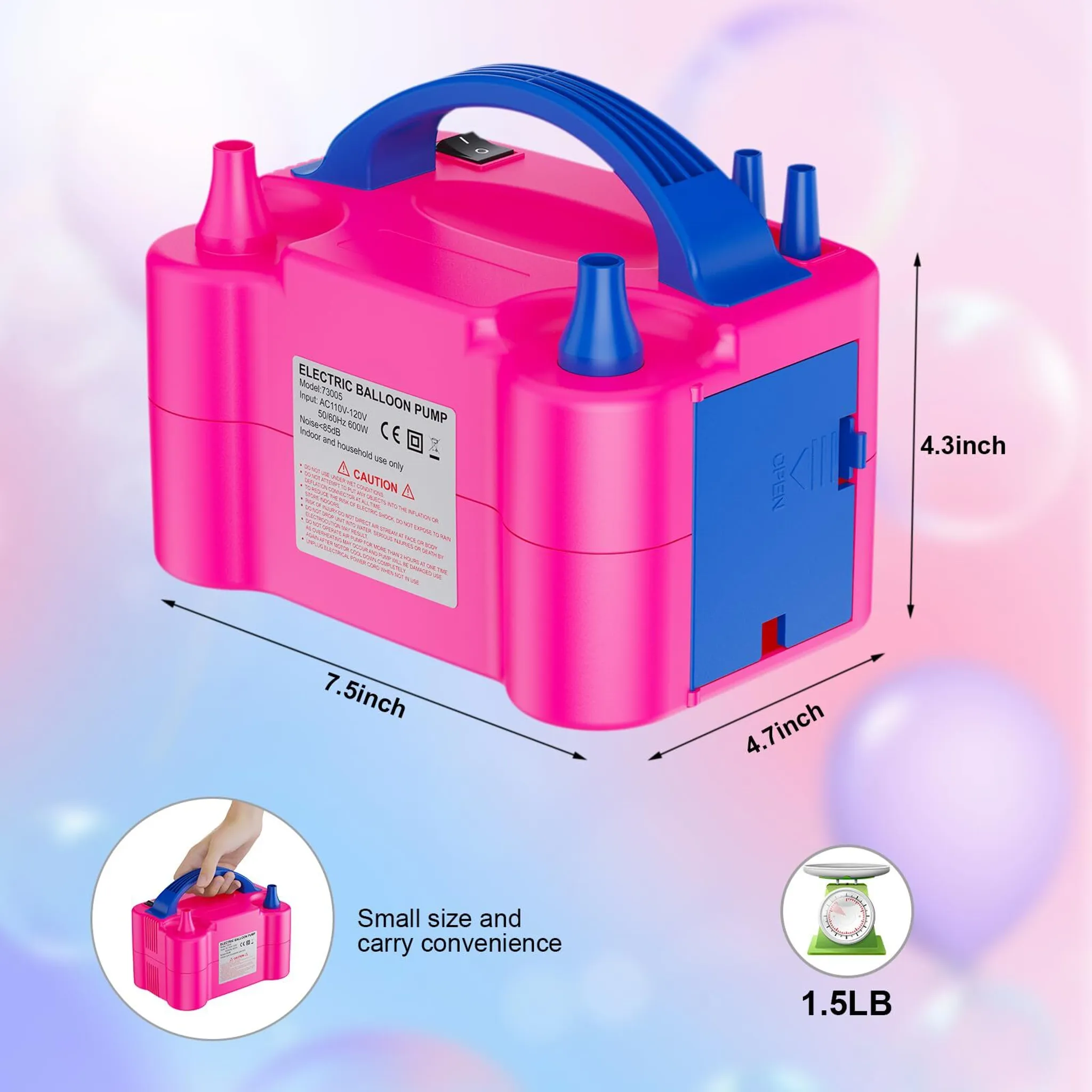 Rosa elektrische Ballonpumpe mit blauem Griff, Knöpfen und Abmessungen. Eine kleine Waage ist ebenfalls sichtbar.