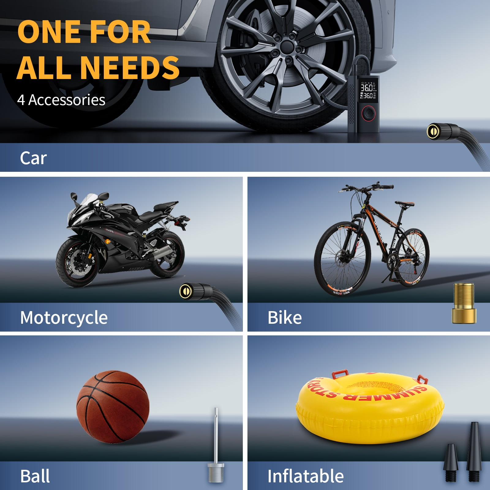 Bild, das eine Vielzahl von aufblasbaren Gegenständen zeigt, darunter ein Auto, ein Motorrad, ein Fahrrad, ein Ball und ein Schlauchboot.