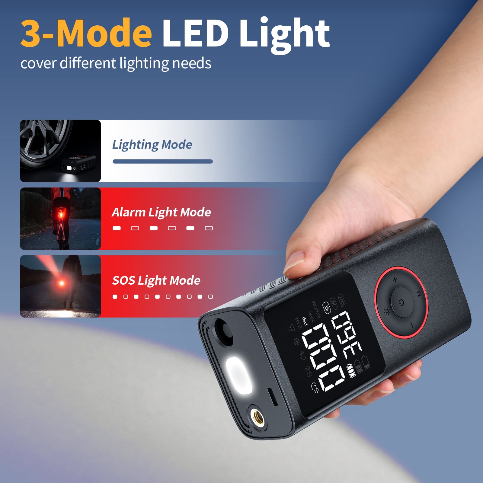 Schwarzer Reifenfüller mit 3-Modus-LED-Licht. Das Bild zeigt die Lichtmodi: Beleuchtung, Alarm und SOS.