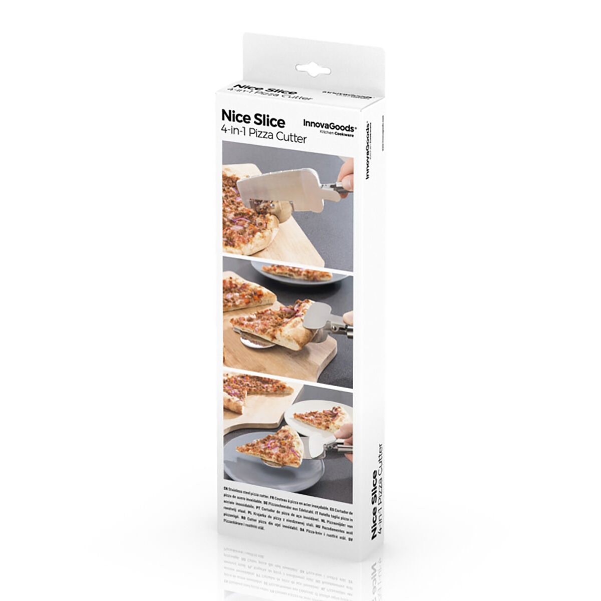 Una scatola contenente un tagliapizza 4 in 1. L'immagine mostra il tagliapizza in uso e la confezione del prodotto.