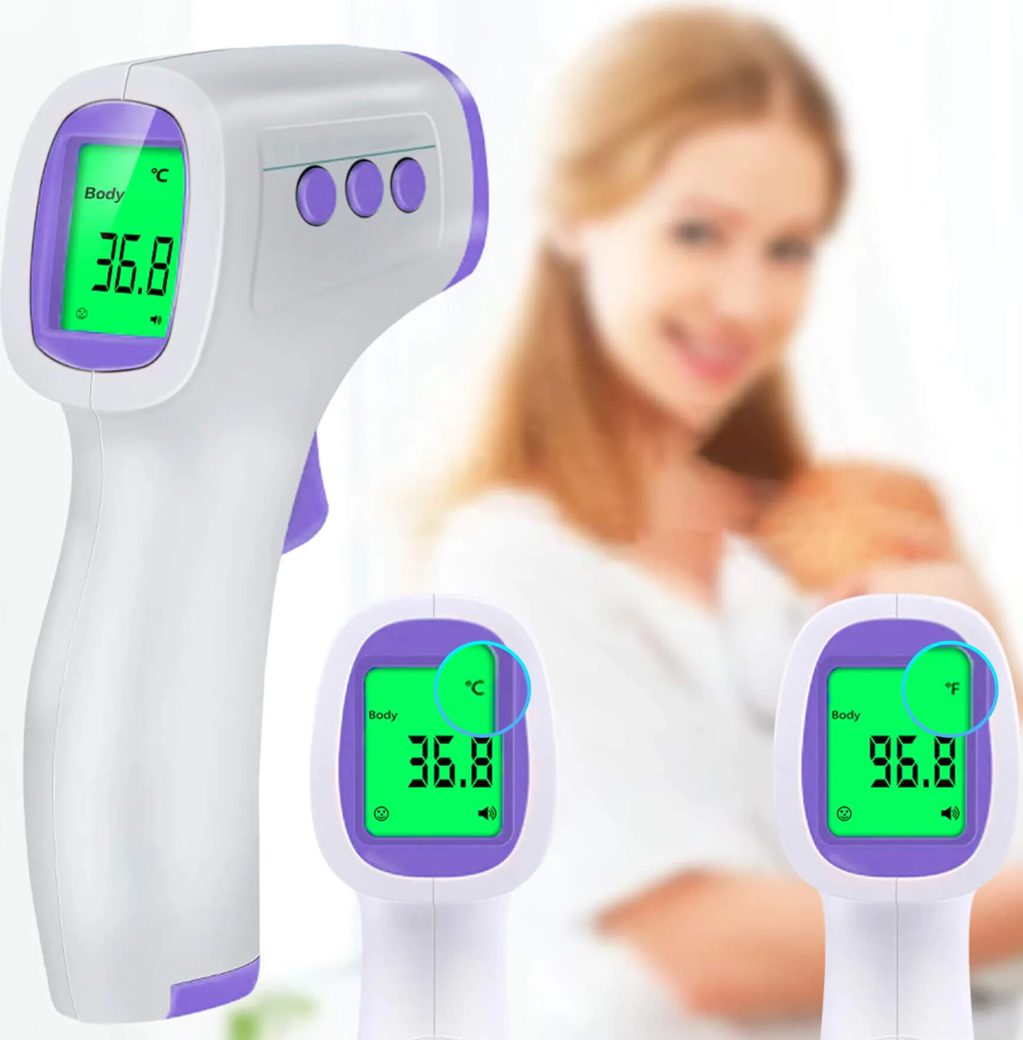 Drei Thermometer zeigen Temperaturmesswerte. Eines in Celsius und das andere in Fahrenheit, vor verschwommenem Hintergrund.