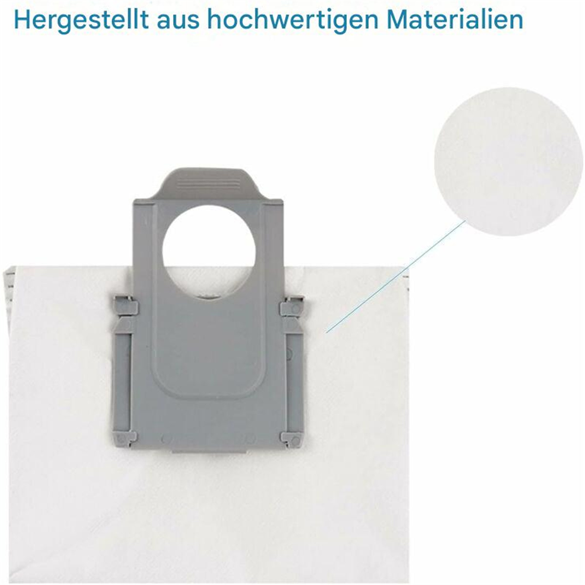 Nahaufnahme eines Staubsaugerbeutels mit einem grauen Kunststoffteil. Der Beutel ist weiß, und der Text lautet 'Hergestellt aus hochwertigen Materialien'.