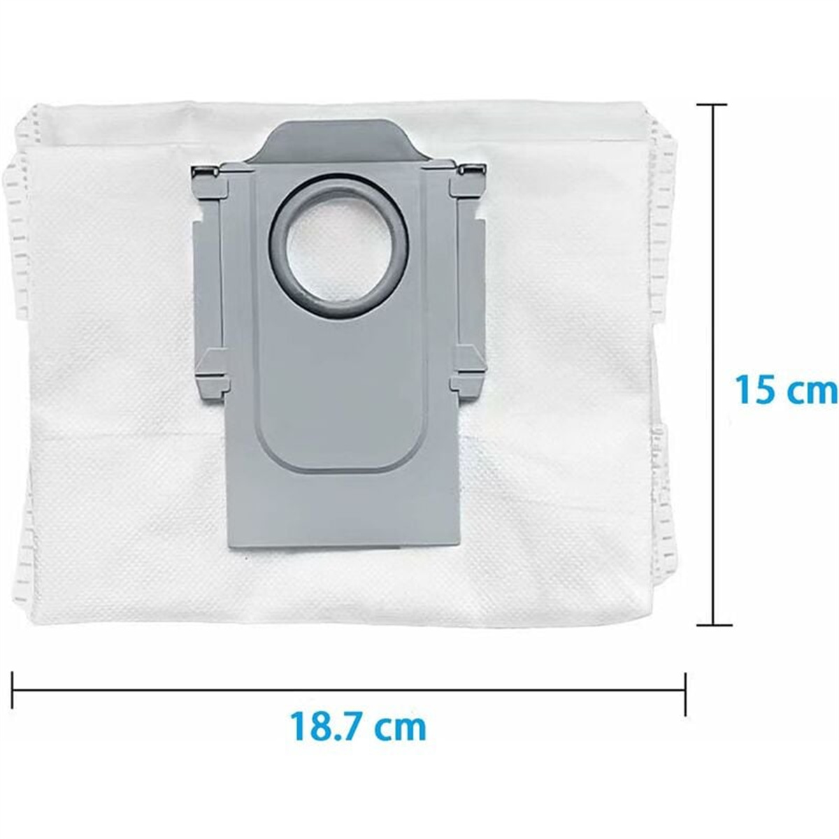 Ein weißer Staubsaugerbeutel mit Maßen in cm. Der Beutel ist 18,7 cm breit und 15 cm hoch.