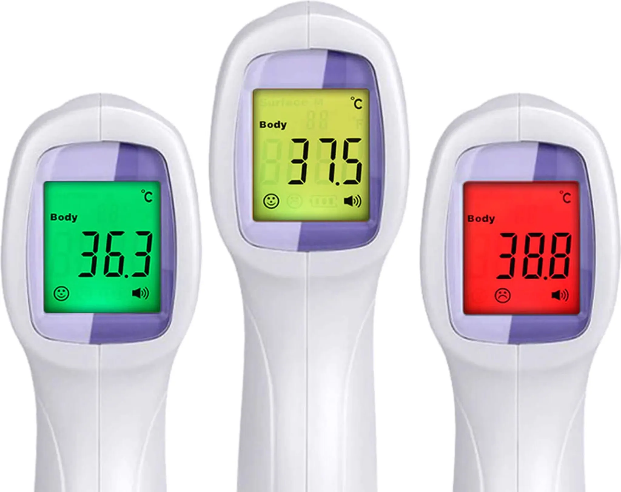 Drei digitale Thermometer, die Körpertemperaturen anzeigen: 36,3, 37,5 und 38,8 Grad Celsius.