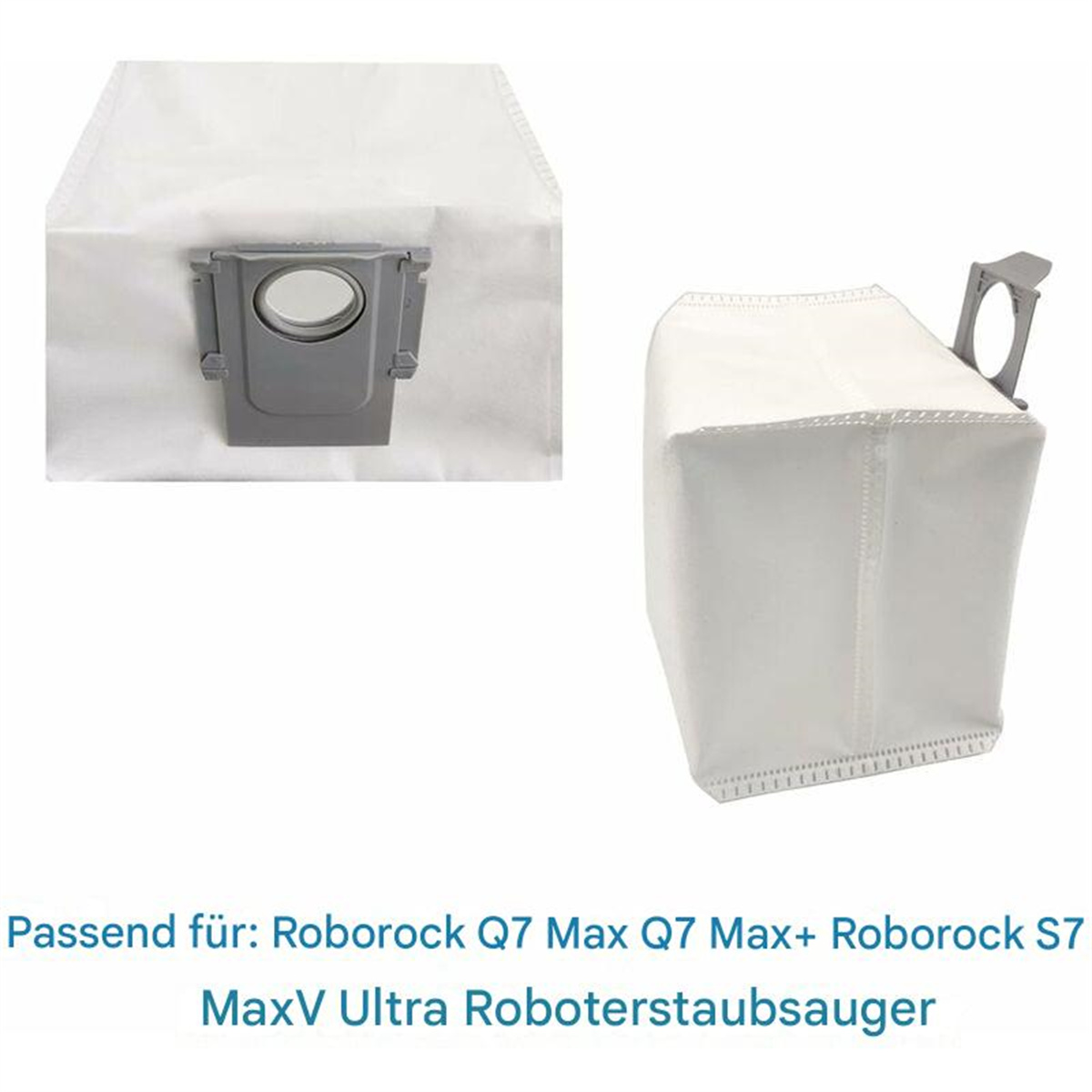 Zwei Staubsaugerbeutel, einer offen und einer geschlossen. Text unten: 'Geeignet für Roborock...'.