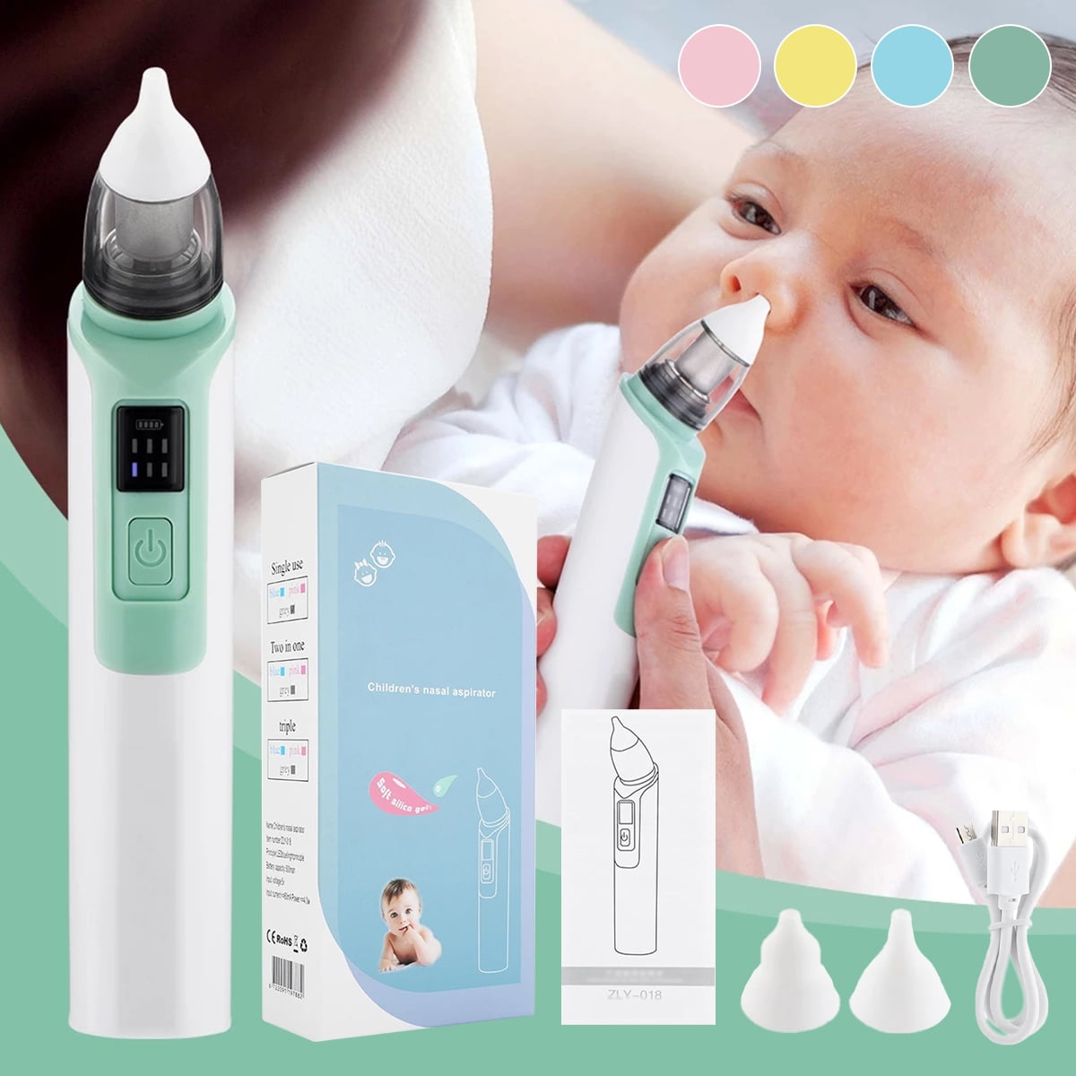 Ein Nasensauger mit Zubehör und einem Baby. Text und Diagramme auf einer Box.