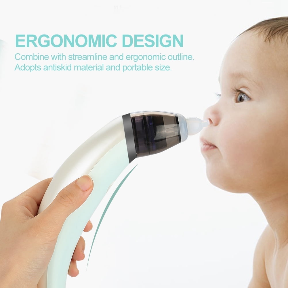 Babynase wird mit einem Nasensauger gereinigt. Text: Ergonomisches Design.