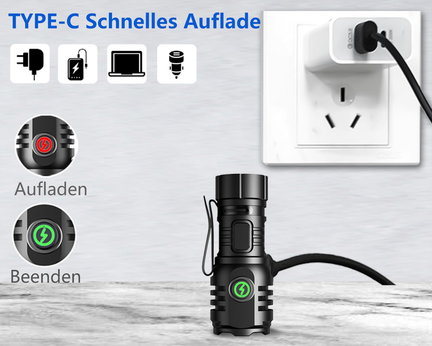 Eine Taschenlampe wird mit einem USB-C-Kabel aufgeladen. Zeigt den Lade- und Ladezustand.