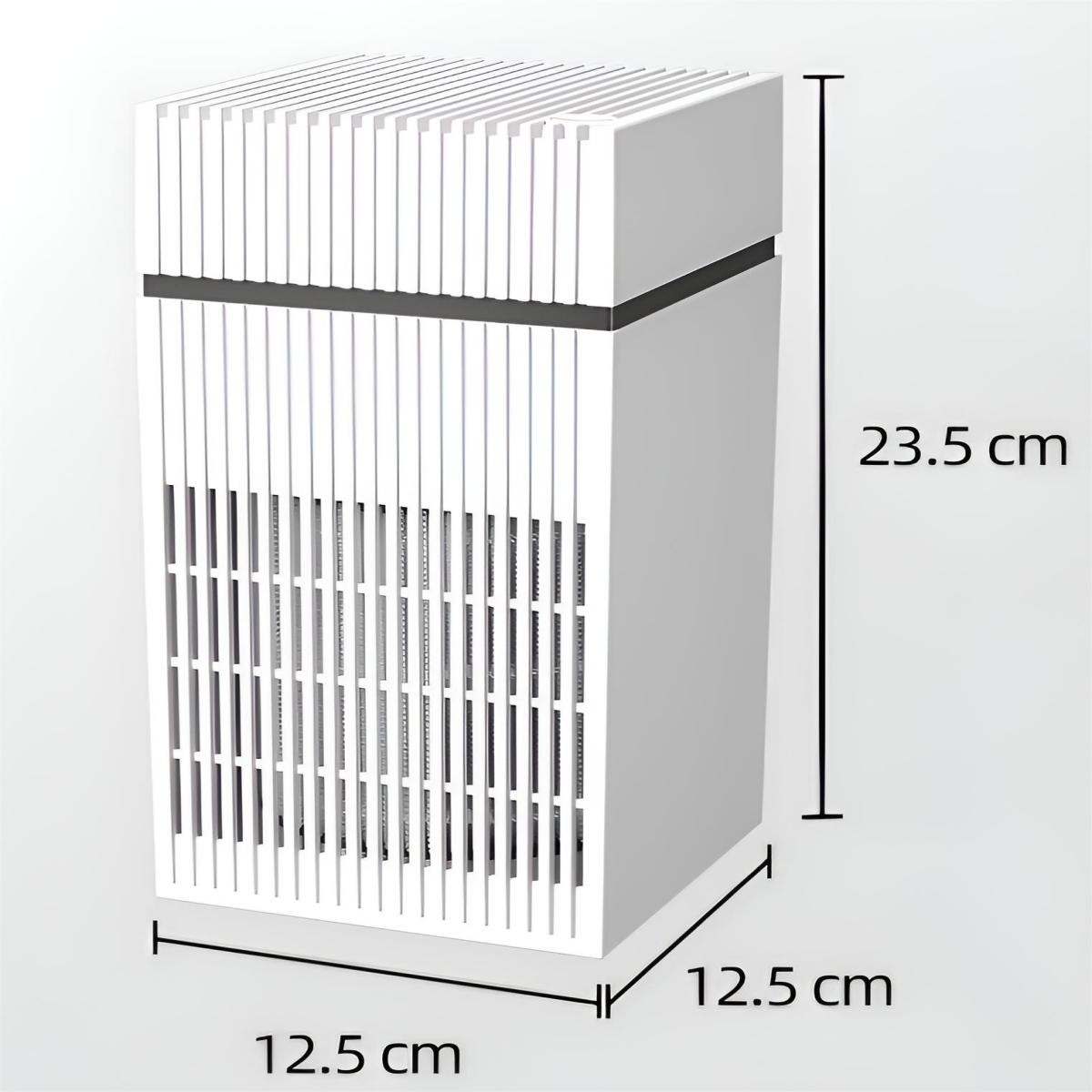 Ein weißer Luftreiniger mit den Maßen: 12,5 cm x 12,5 cm Grundfläche, 23,5 cm Höhe.