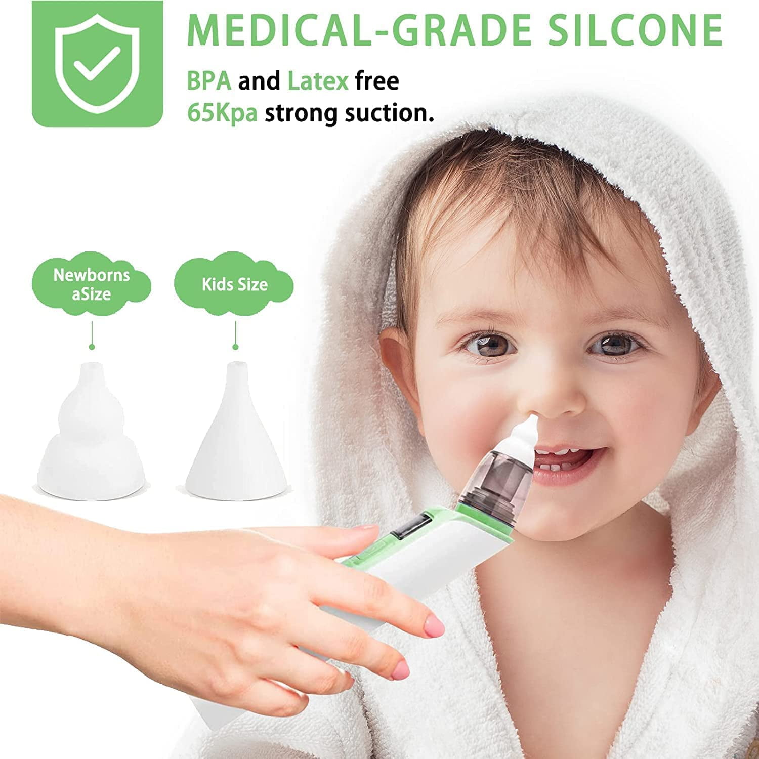 Ein Baby mit Nasensauger. Text sagt BPA- und latexfrei, und 65KPa Saugkraft.