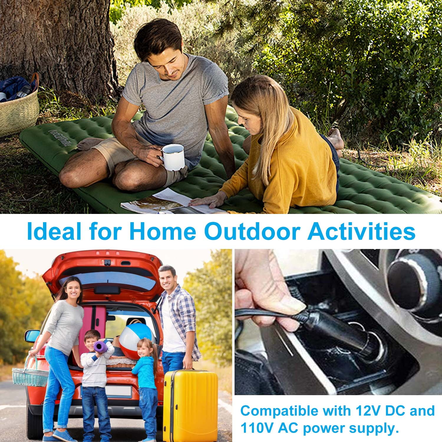 Camping-Leute und eine Familie mit Auto. Text: Ideal für Outdoor-Aktivitäten zu Hause.