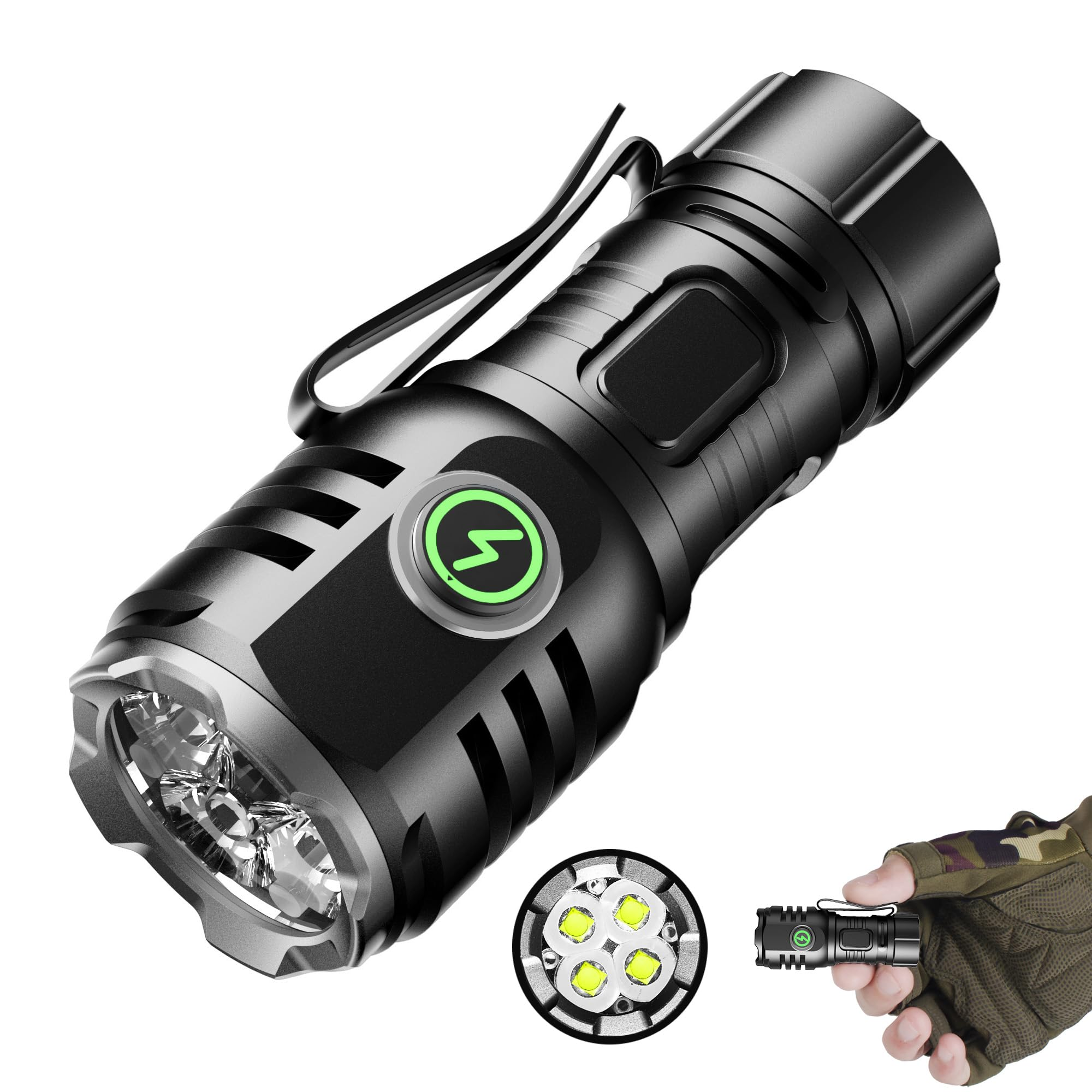 Schwarze Taschenlampe mit Clip und grünem Power-Knopf. Nahaufnahme des Lichts.