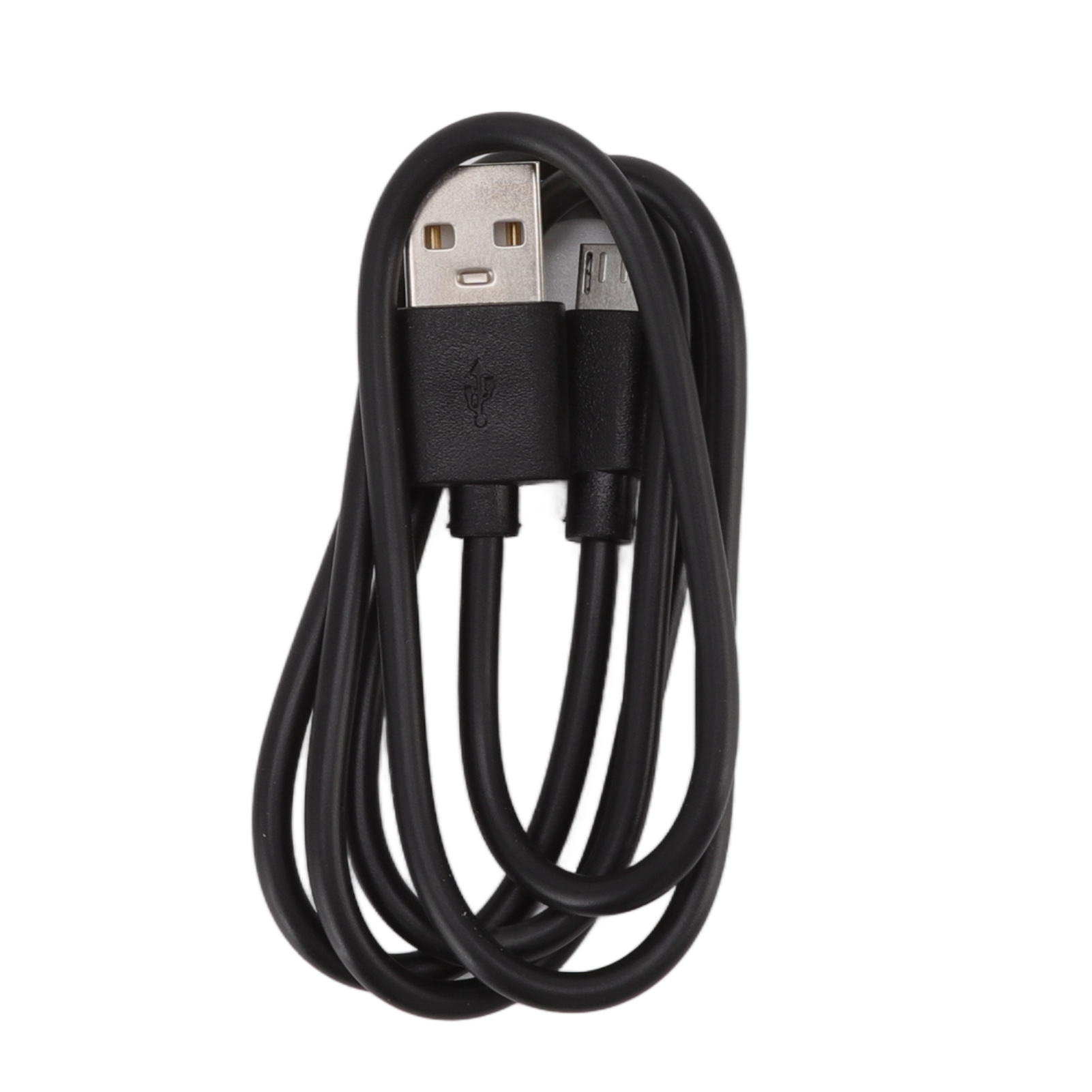 Schwarzes USB-Ladekabel, aufgerollt, vor weißem Hintergrund.