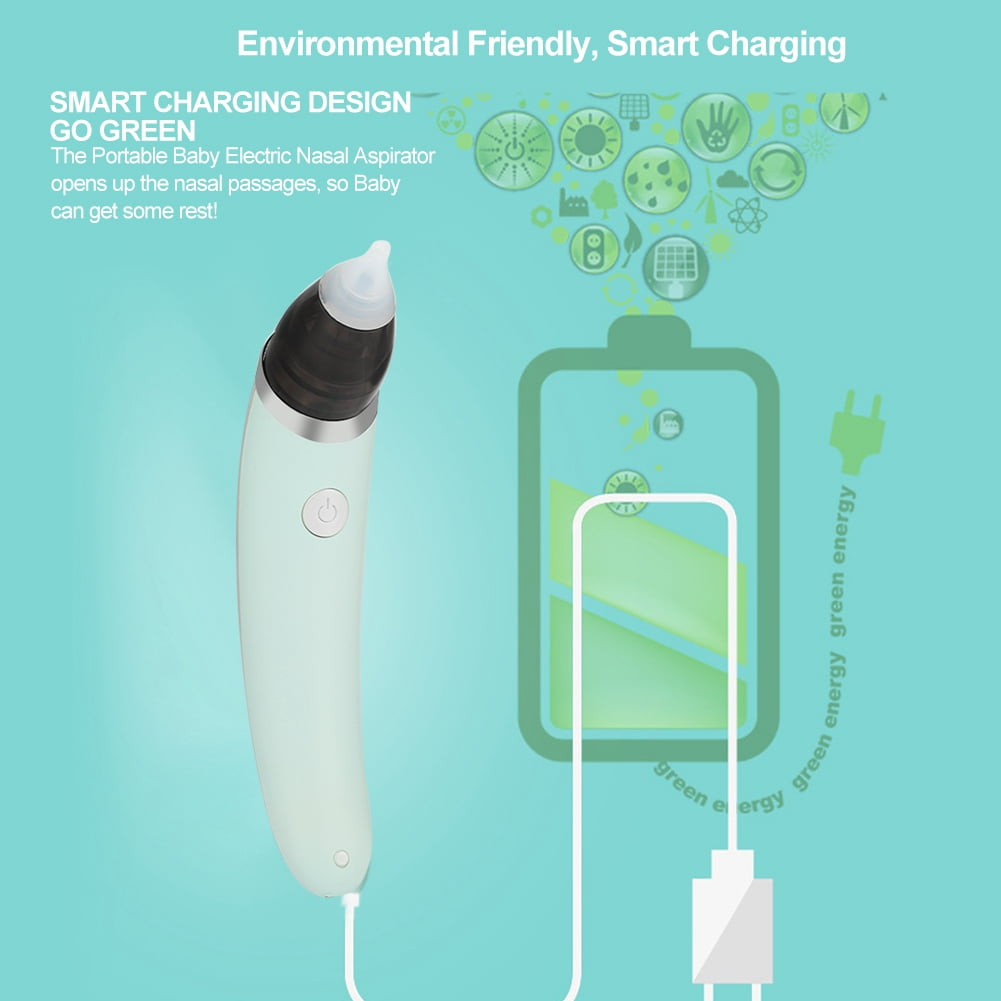 Ein Nasensauger mit Ladekabel und einer grünen Energie Grafik im Hintergrund.