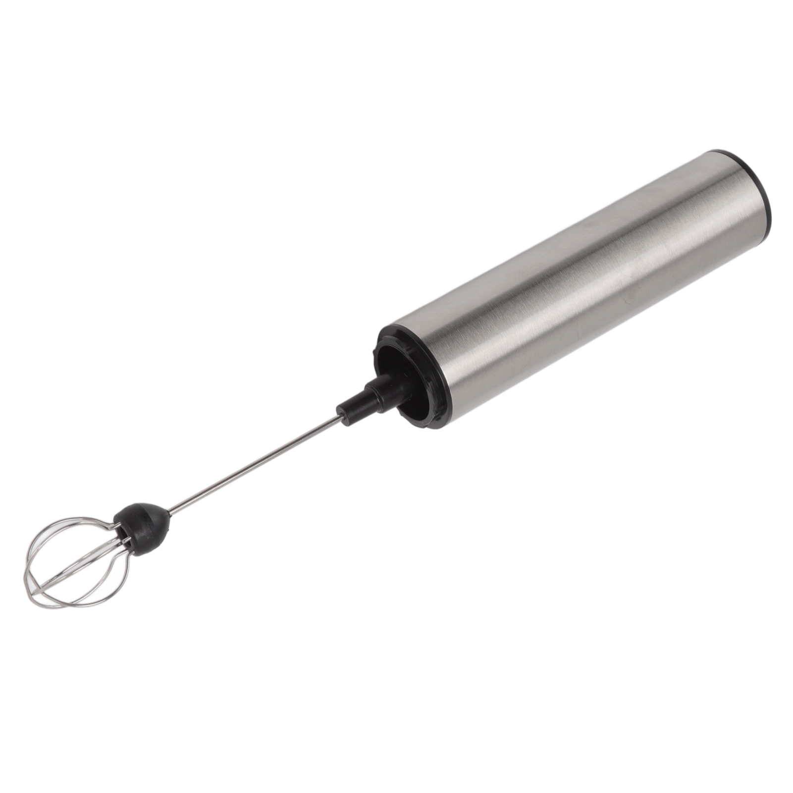 Ein Handmixer aus Edelstahl mit Schneebesenaufsatz.