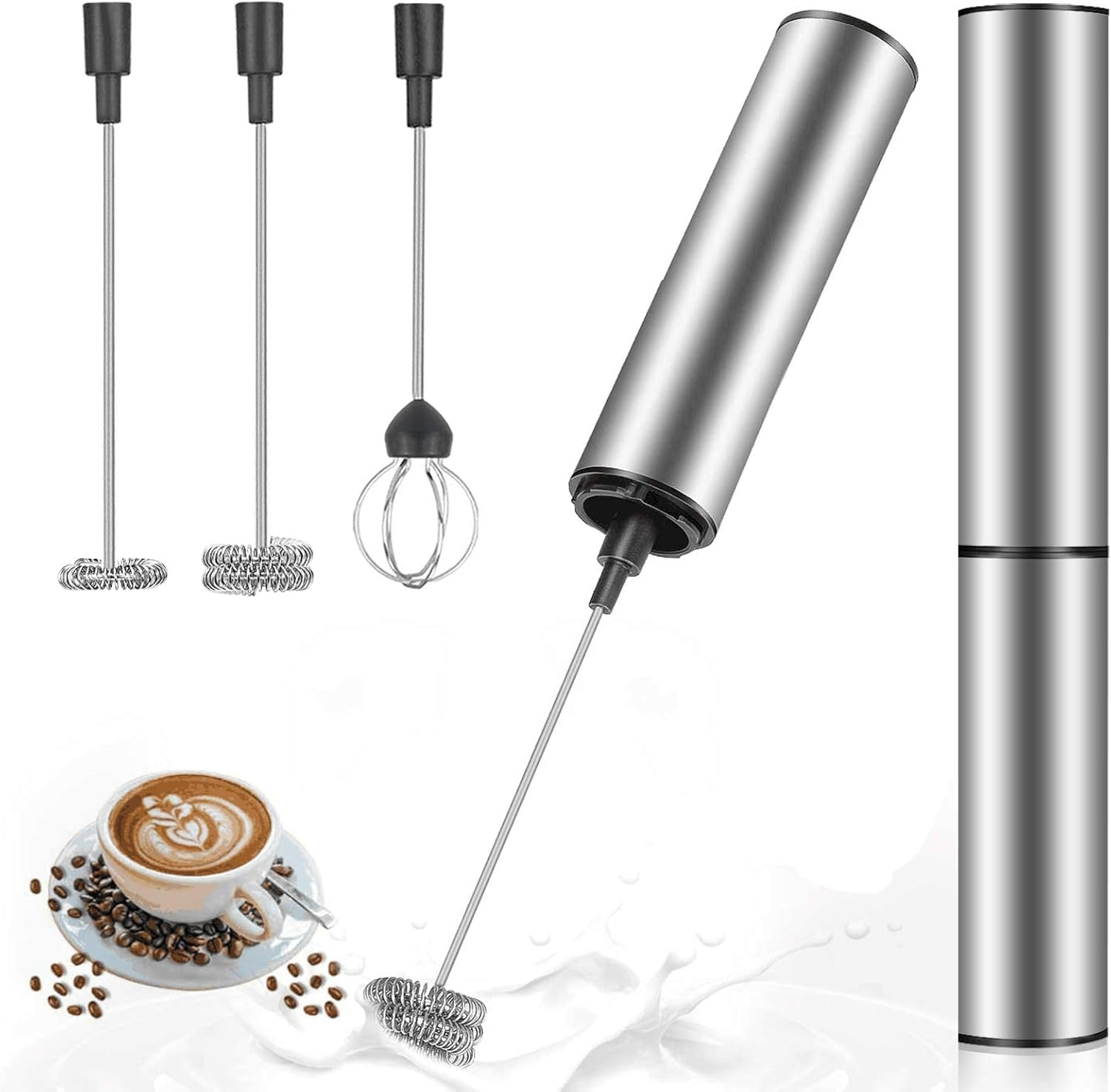 Handmixer mit drei Aufsätzen, Kaffee und Bohnen sowie einem Milchspritzer.