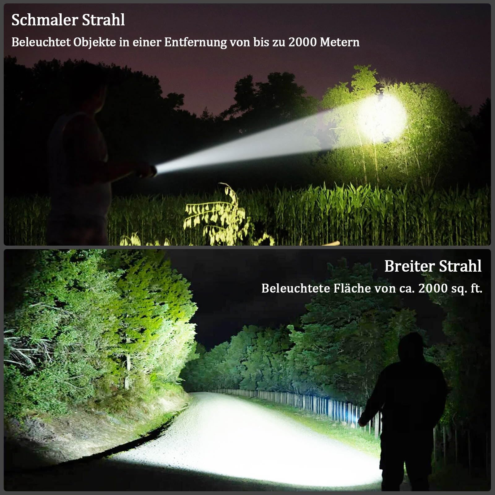 Zwei Bilder mit Taschenlampenstrahlen. Einer schmal, einer breit, in einer Nachtszene.
