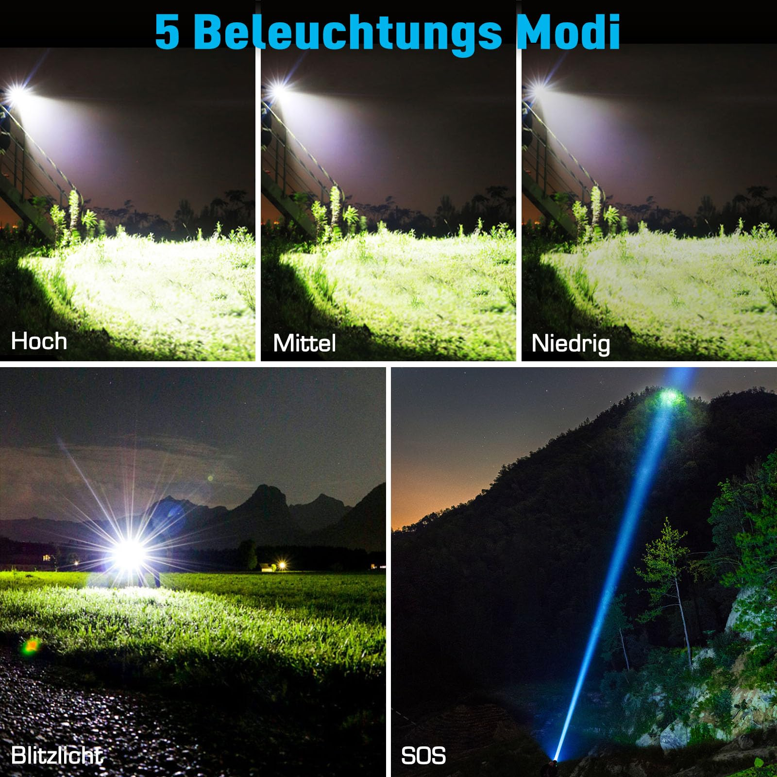 Bild einer Taschenlampe mit 5 Leuchtmodi, darunter hoch, mittel, niedrig, Stroboskop und SOS.