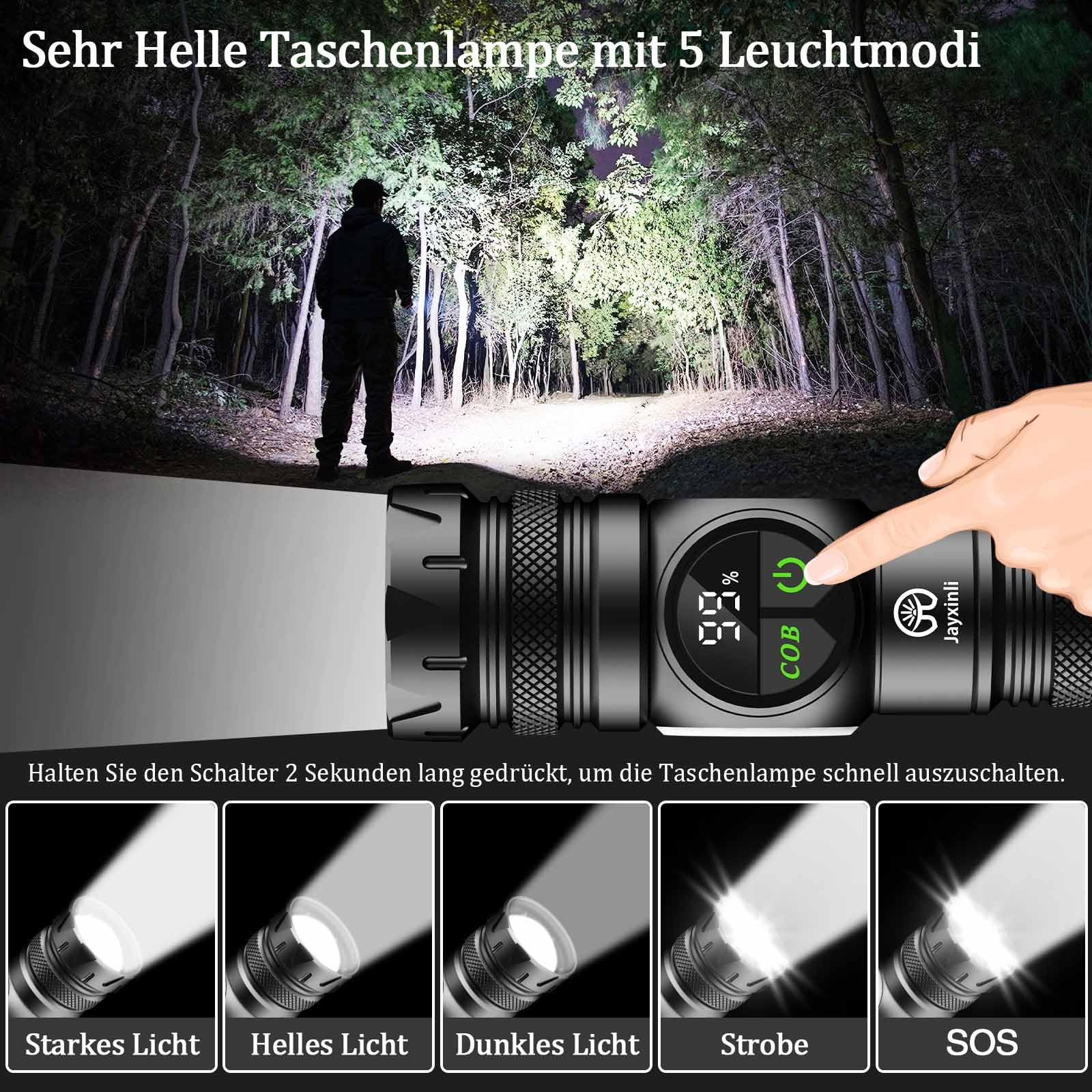 Eine schwarze Taschenlampe mit verschiedenen Lichtmodi, eine Hand bedient sie.