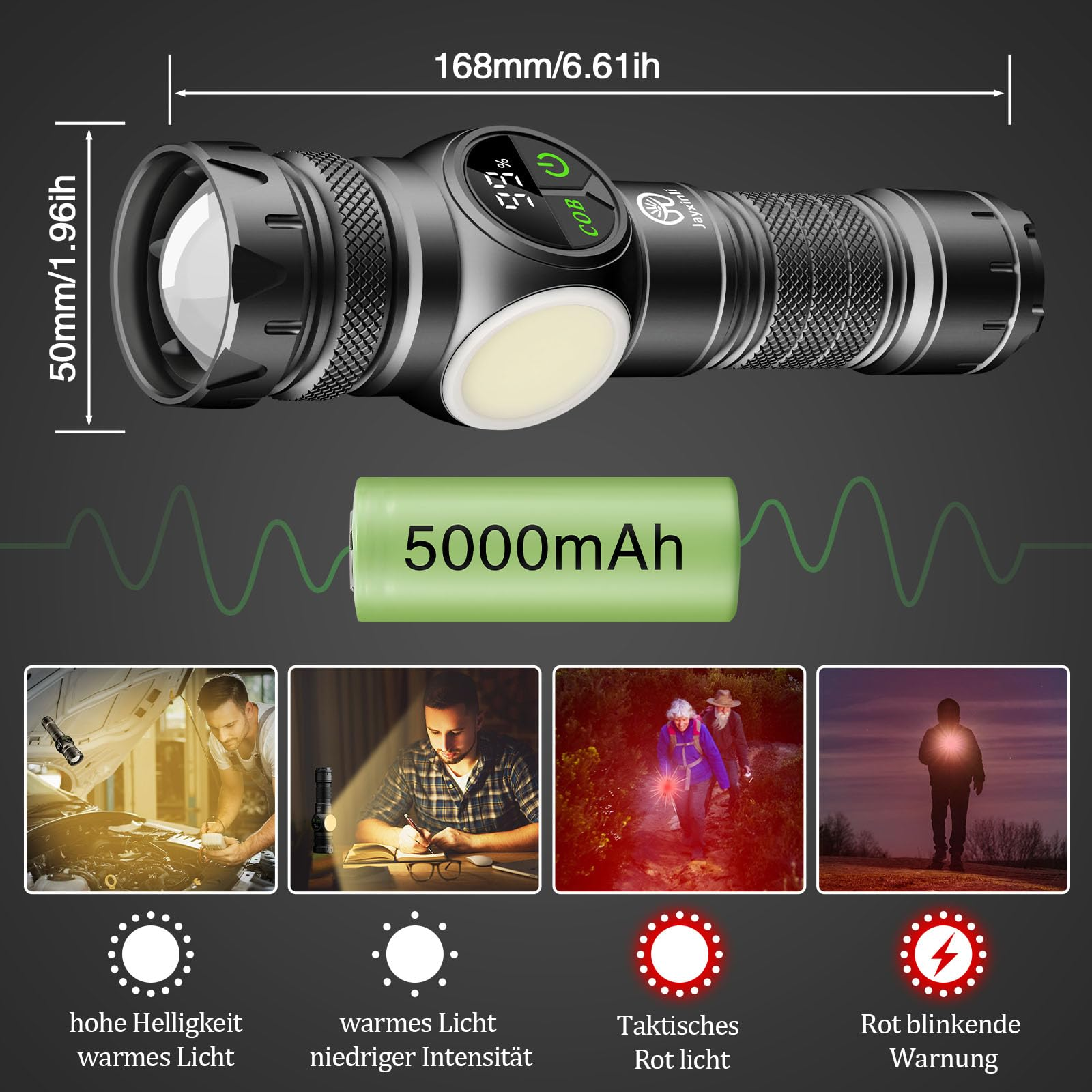 Schwarze Taschenlampe mit Details und Abmessungen: 168 mm, 50 mm und einem 5000 mAh Akku.
