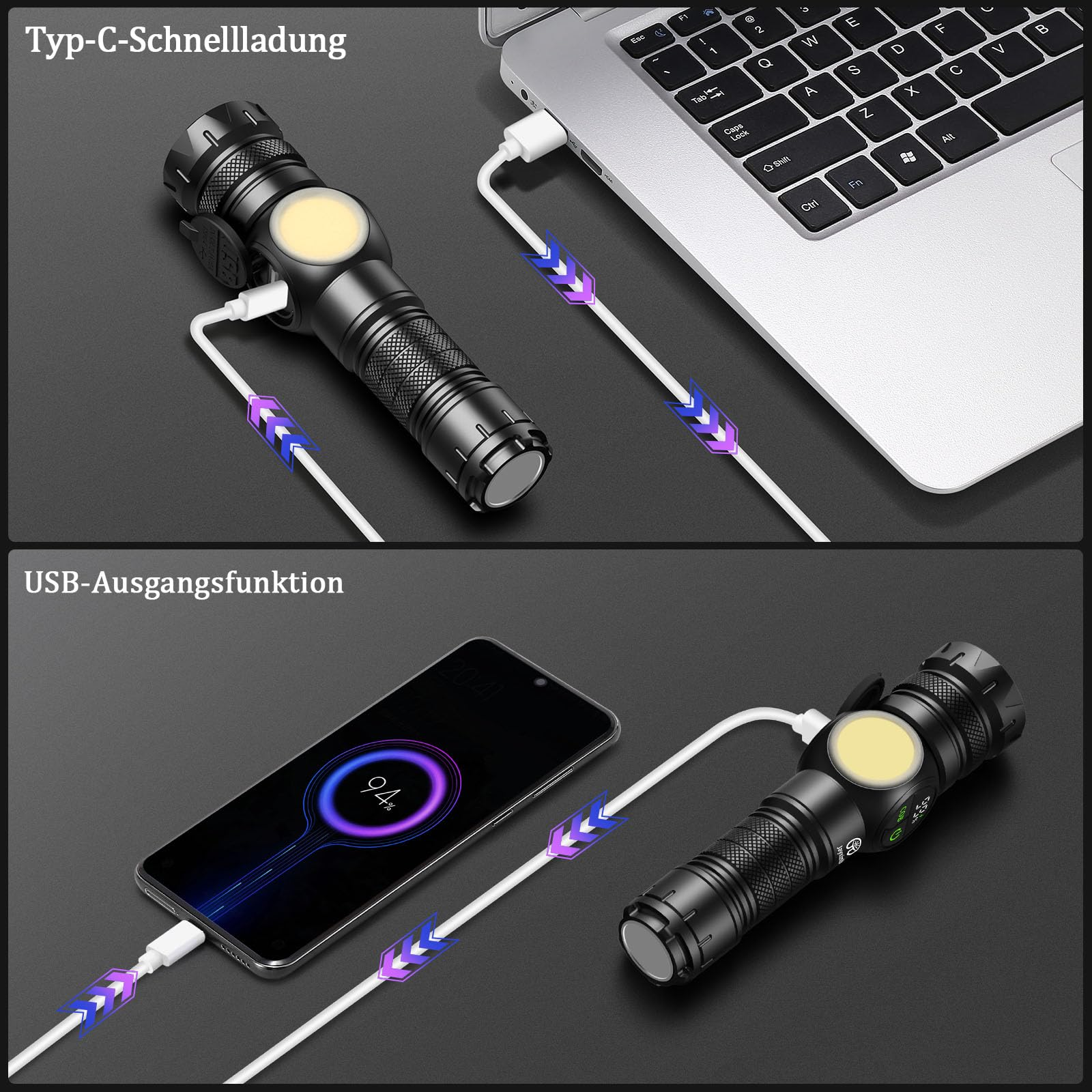 Taschenlampe lädt Laptop und Telefon, mit Ladeanzeigen.