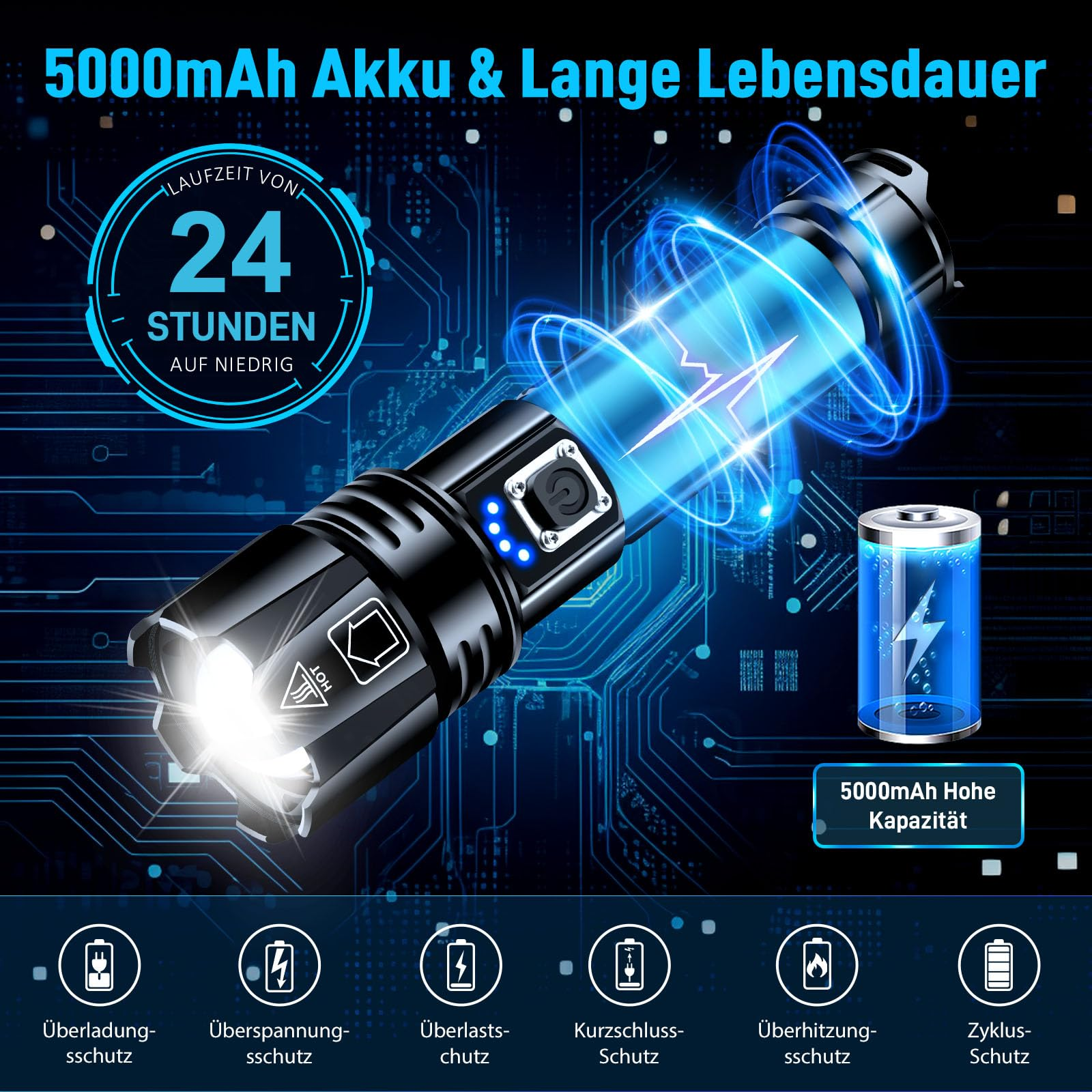 Schwarze Taschenlampe mit Batterie- und Ladeinformationen.
