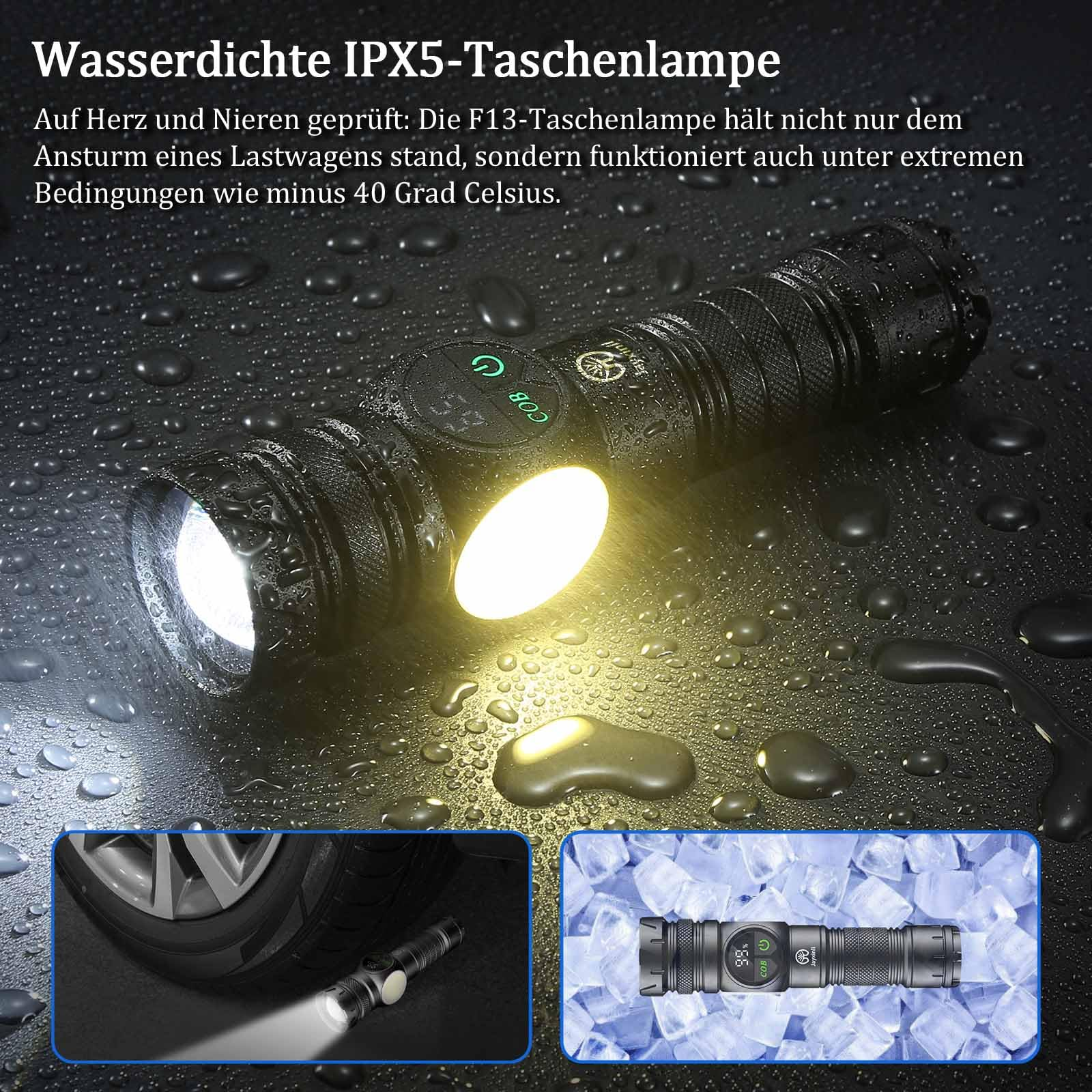 Wasserdichte Taschenlampe auf nasser Oberfläche. Zeigt Funktion in Wasser und extremer Kälte.