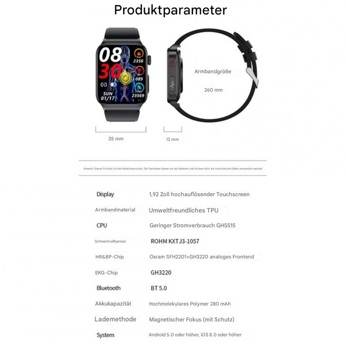 Smartwatch mit schwarzem Armband, Digitalanzeige mit Statistiken und Produktdetails.