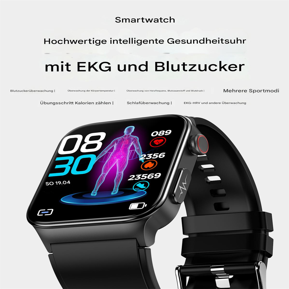Smartwatch mit EKG und Blutzuckermessung am schwarzen Handgelenk, Körperdaten, Bildschirmdetails.