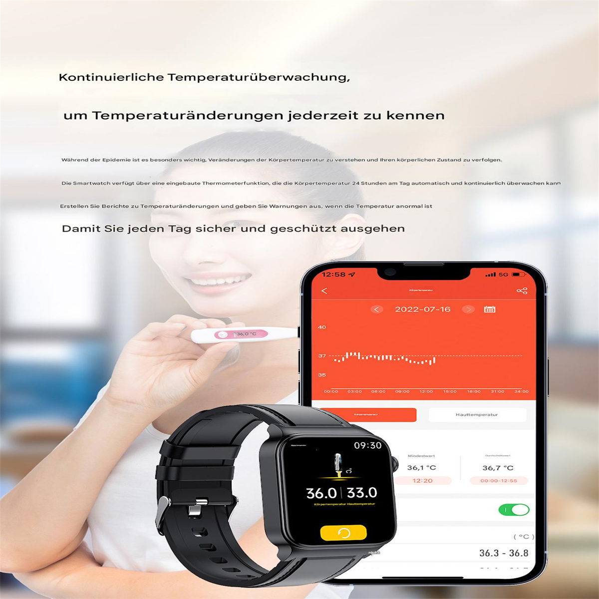 Person mit Smartwatch zur Überwachung der Körpertemperatur, zeigt Diagramm und Messwerte.
