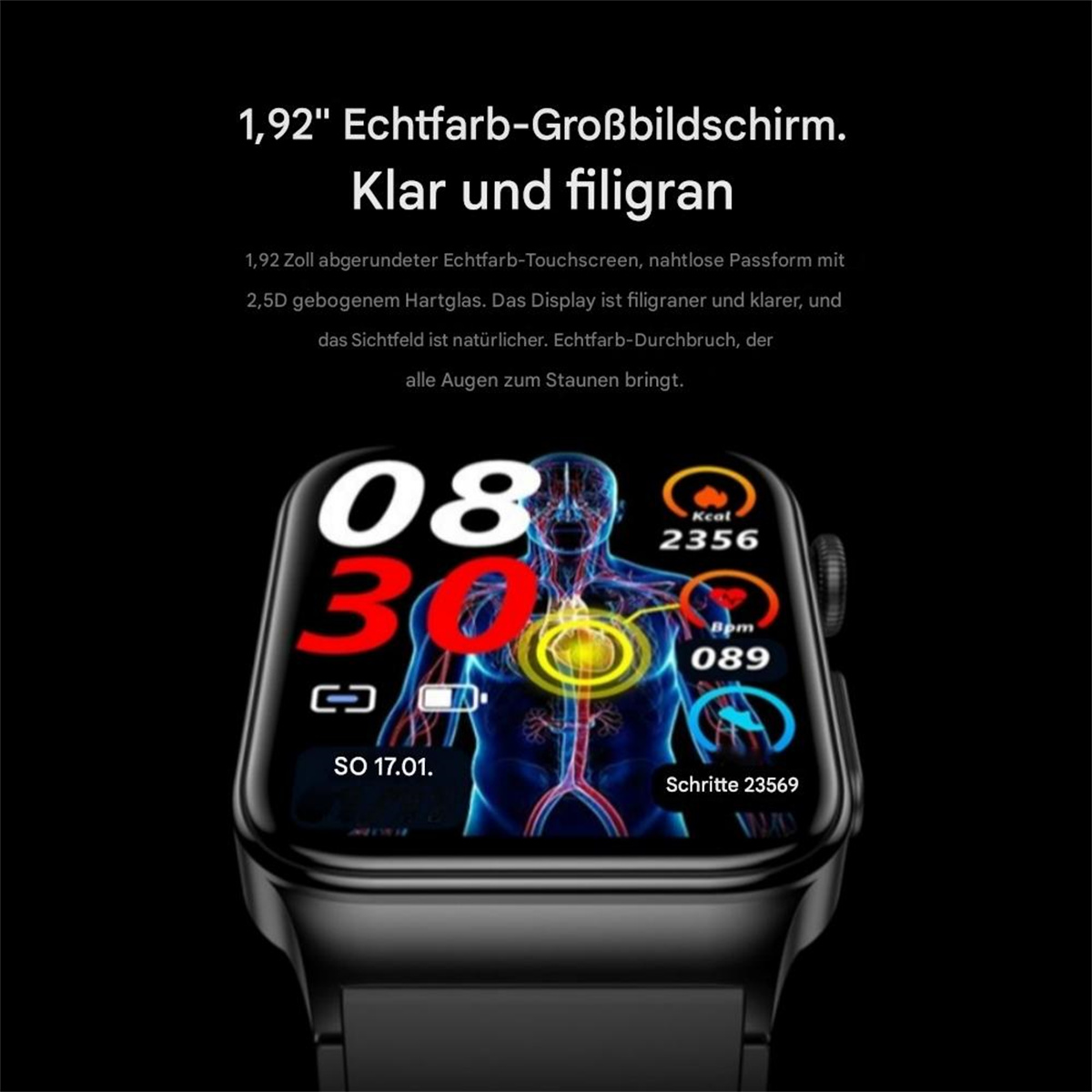 Smartwatch, zeigt Gesundheitsmetriken, mit Körper und Daten, Nahaufnahmen.