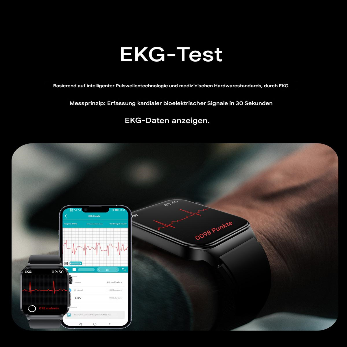 EKG-Test auf einer Smartwatch, Herzrhythmus, mit Handy-Bildschirm Daten.
