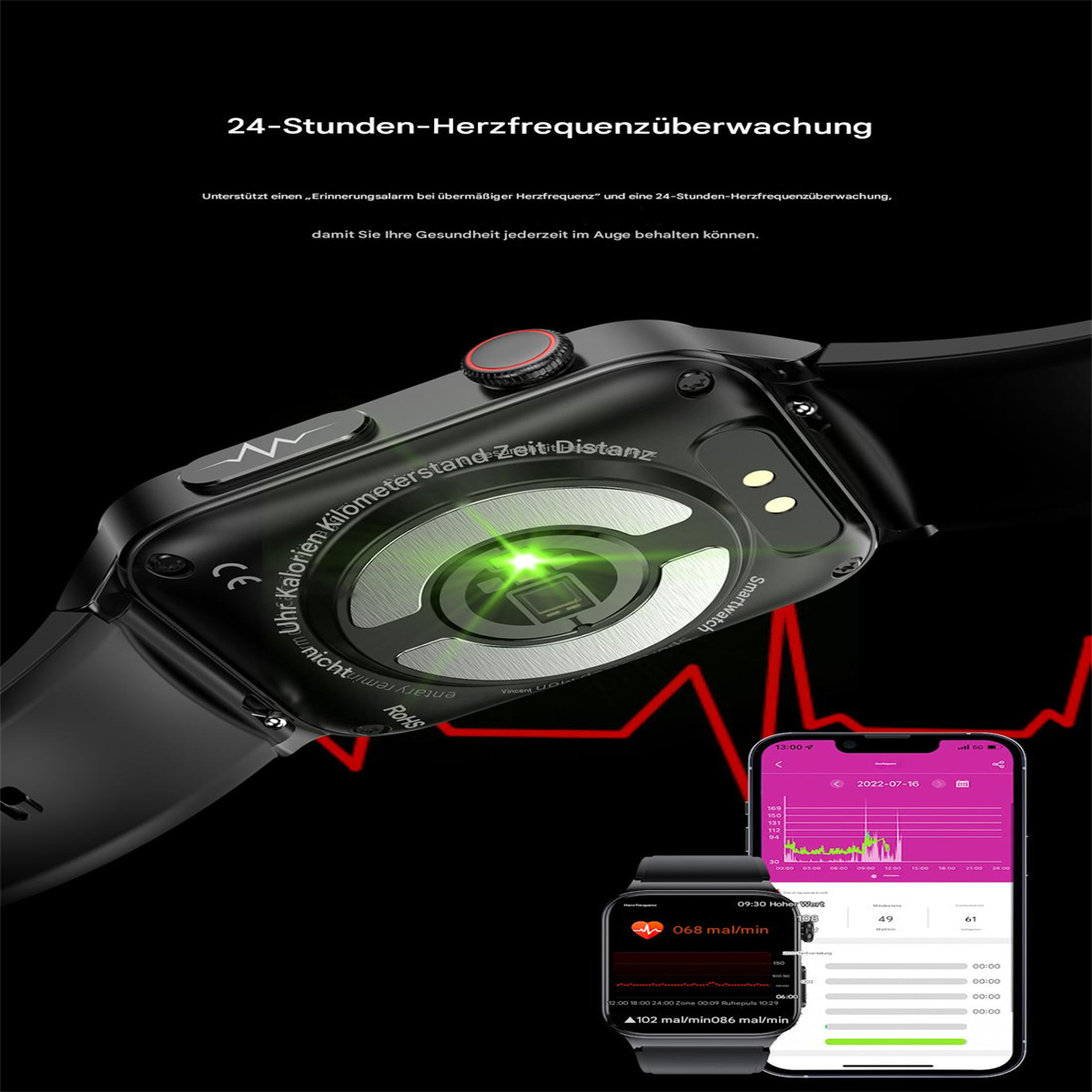 Schwarze Smartwatch mit Gesundheitsmetriken, Telefon mit App-Daten.