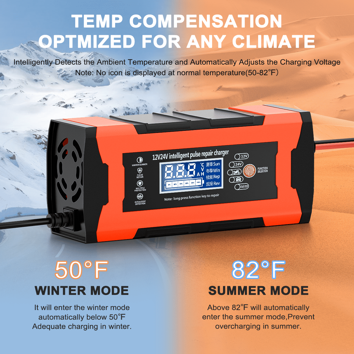 Autobatterieladegerät mit Winter- und Sommermodus, mit Digitalanzeige.