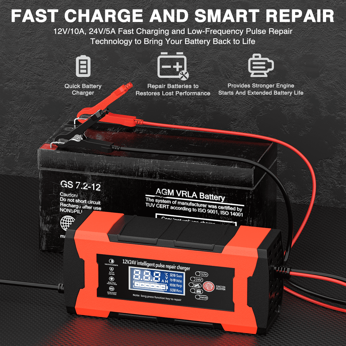 Batterieladegerät mit Kabeln, die an eine schwarze Autobatterie angeschlossen sind. Text-Overlays: Schnellladung, intelligente Reparatur.