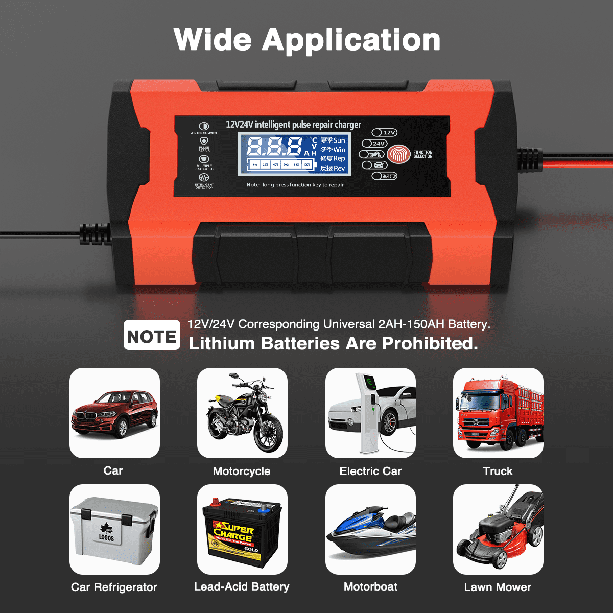 Orange-schwarzes Batterieladegerät mit Digitalanzeige und Fahrzeugbildern.
