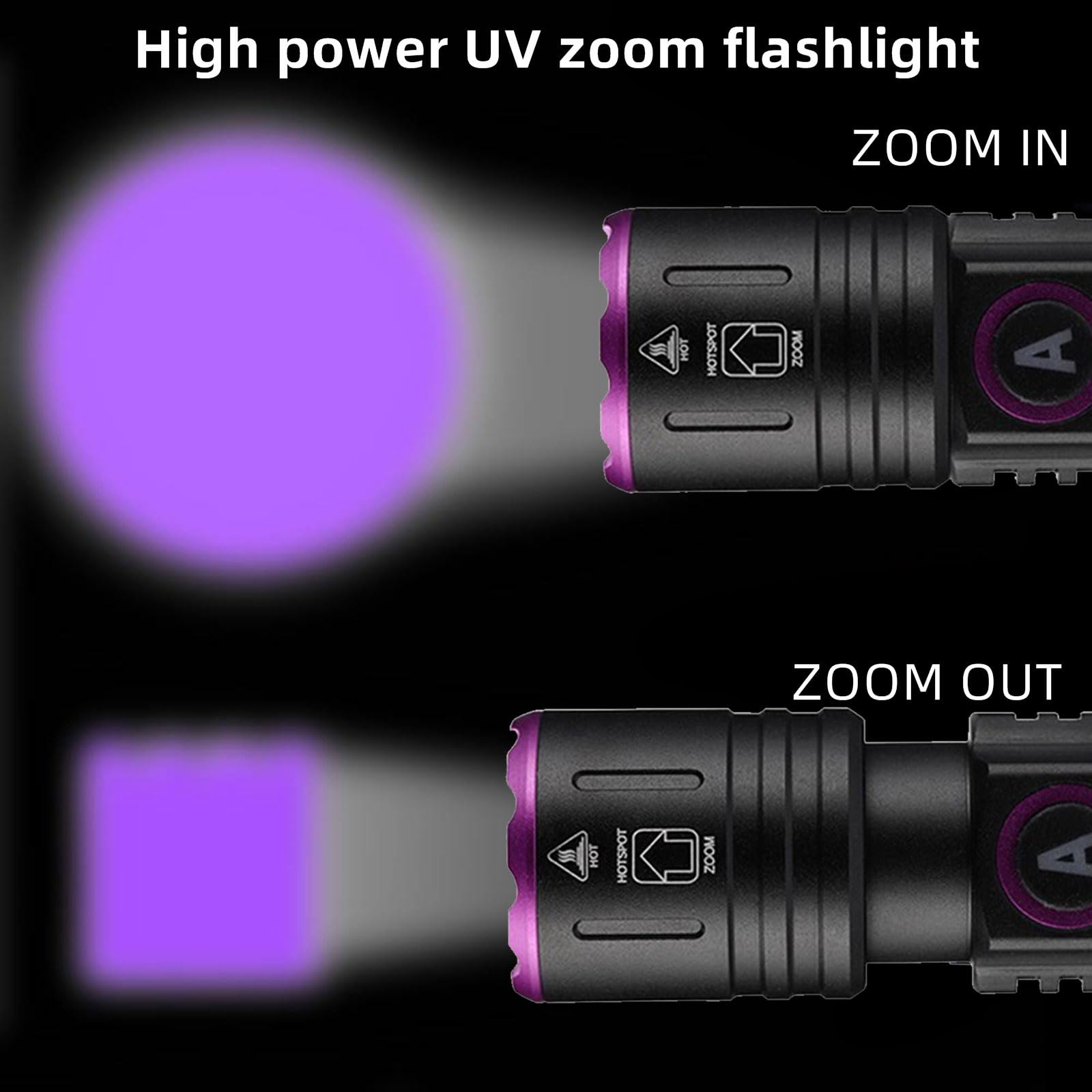 Schwarze UV-Taschenlampe mit Zoom-Effekten, lila Licht.
