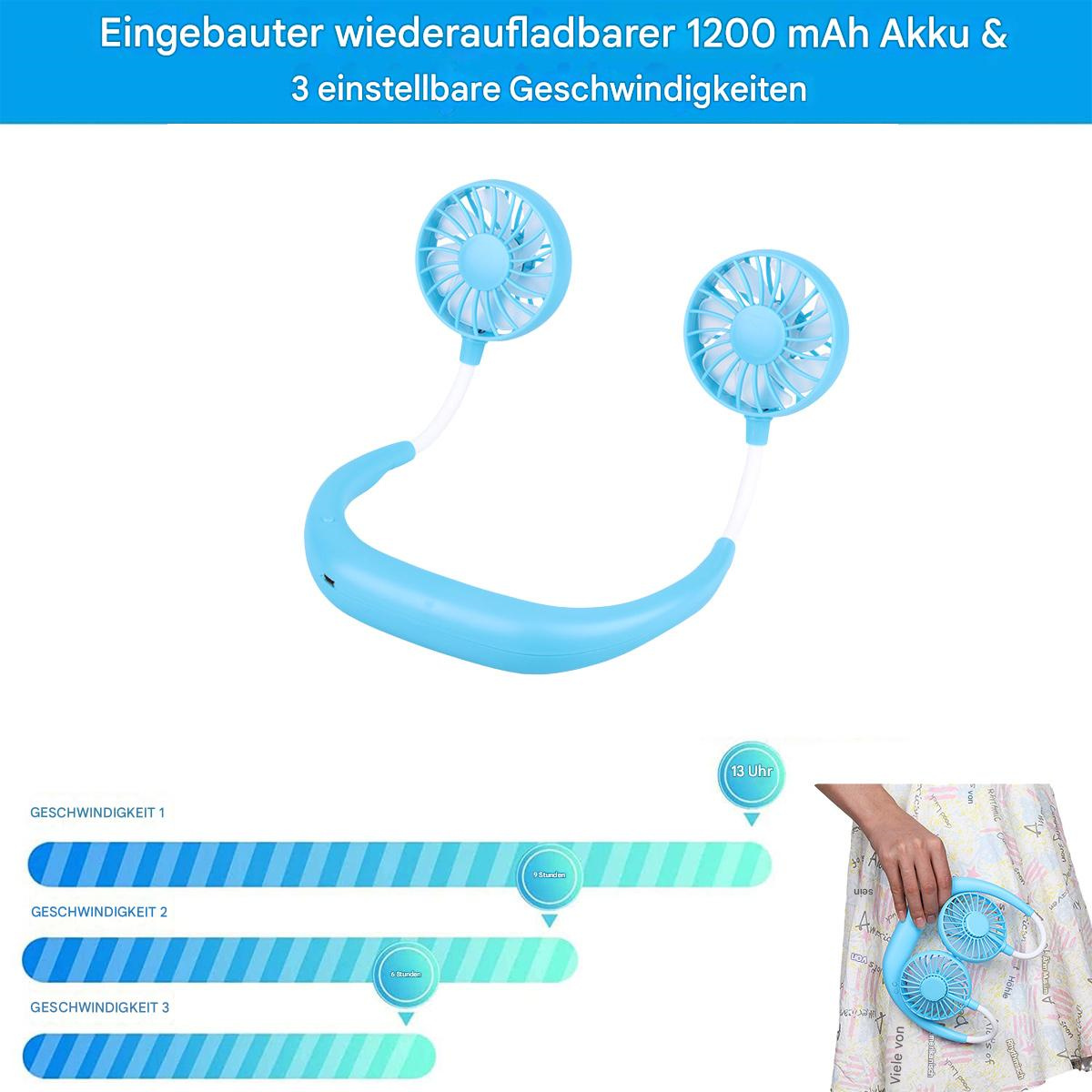 Blauer Nackenventilator mit zwei Lüftern, Leistungsanzeigen und Hand.