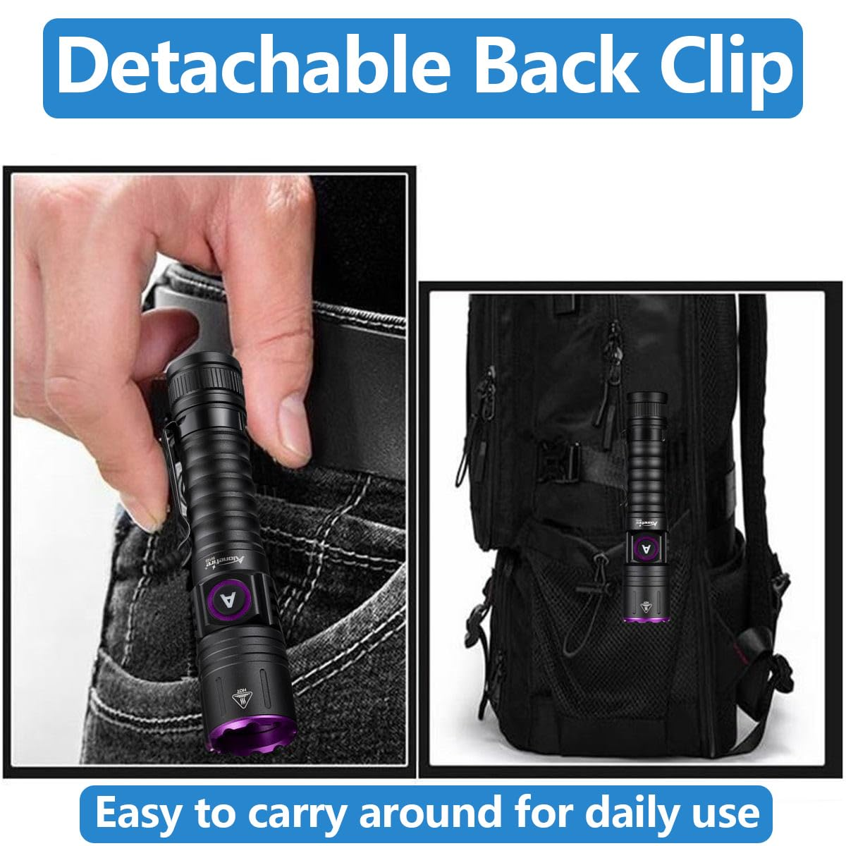 Eine schwarze Taschenlampe, die an einem Gürtel und einem Rucksack befestigt ist. Text: Abnehmbarer Rückenclip. Einfach für den täglichen Gebrauch.