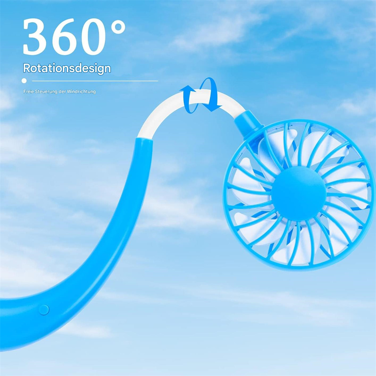 Blau-weißer Nackenventilator mit zwei Ventilatoren. Der Hintergrund ist ein blauer Himmel mit Wolken. Text: 360° Rotationsdesign.