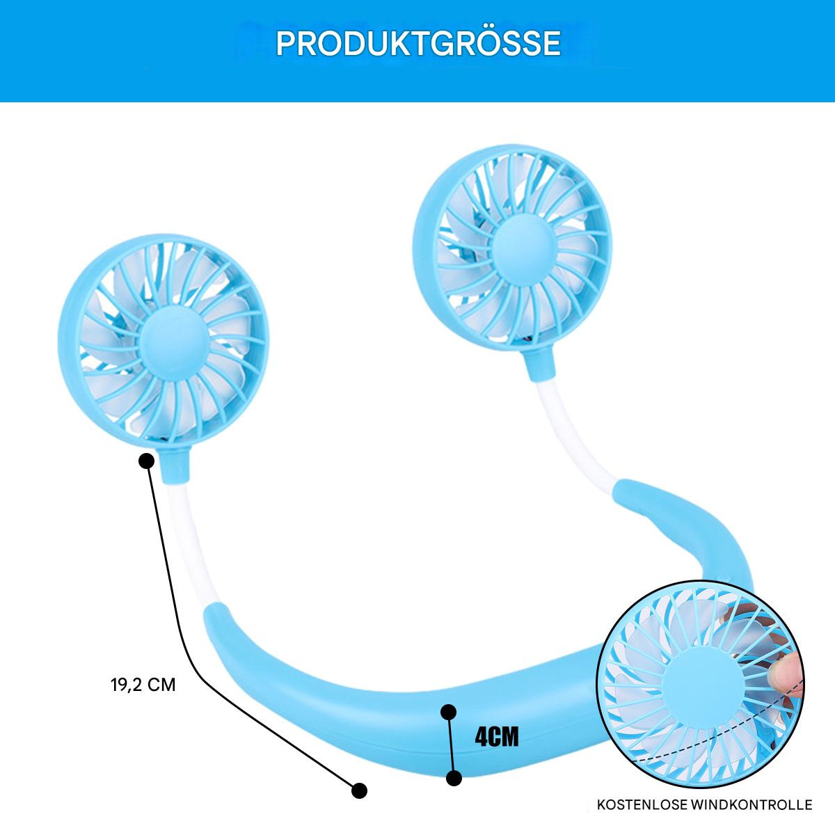 Ein blauer Nackenventilator mit zwei Lüftern und Abmessungen. Text: Produktgröße. Eine Nahaufnahme zeigt die Lüfterblätter.